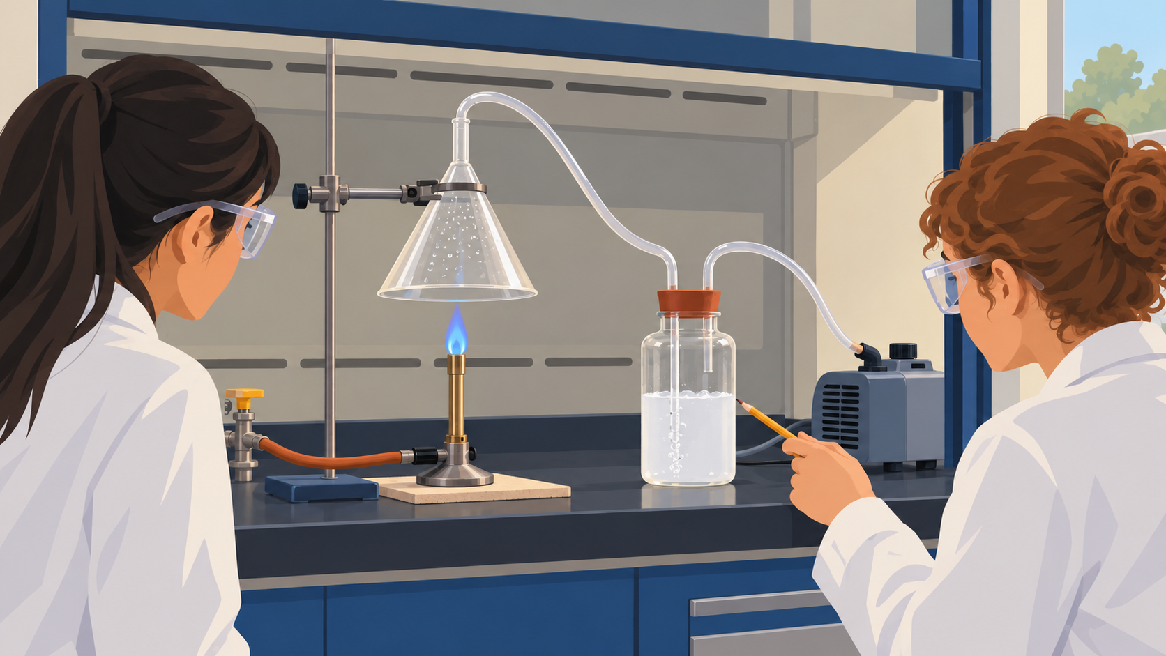 Illustration : Deux élèves observent sous une hotte une combustion à flamme bleue ; un entonnoir recueille les gaz, des gouttelettes se condensent et l’eau de chaux se trouble sous aspiration.