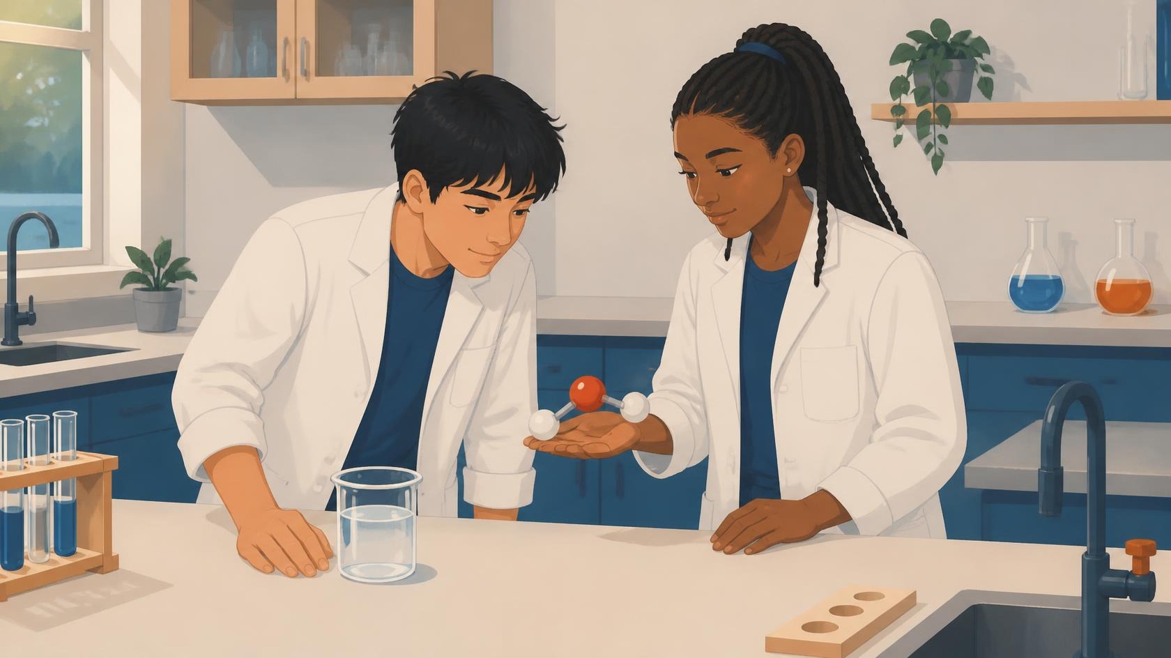 Illustration : Deux élèves comparent de l’eau et une maquette moléculaire avec une sphère rouge et deux sphères blanches.
