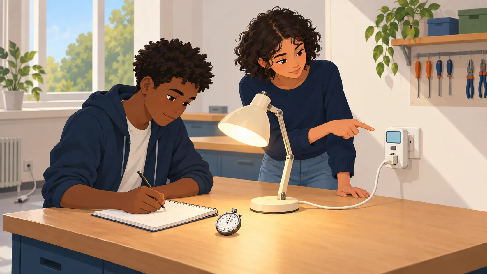 Illustration : Deux élèves mesurent la consommation d’une lampe branchée sur un compteur d’énergie, avec un chronomètre.