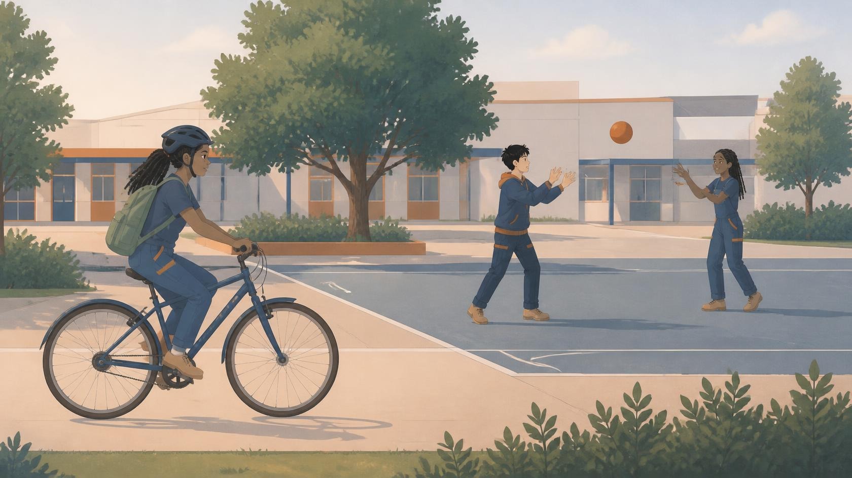 Illustration : une lycéenne casquée roule à vélo sur une allée ; sur le terrain voisin, deux élèves se lancent un ballon.