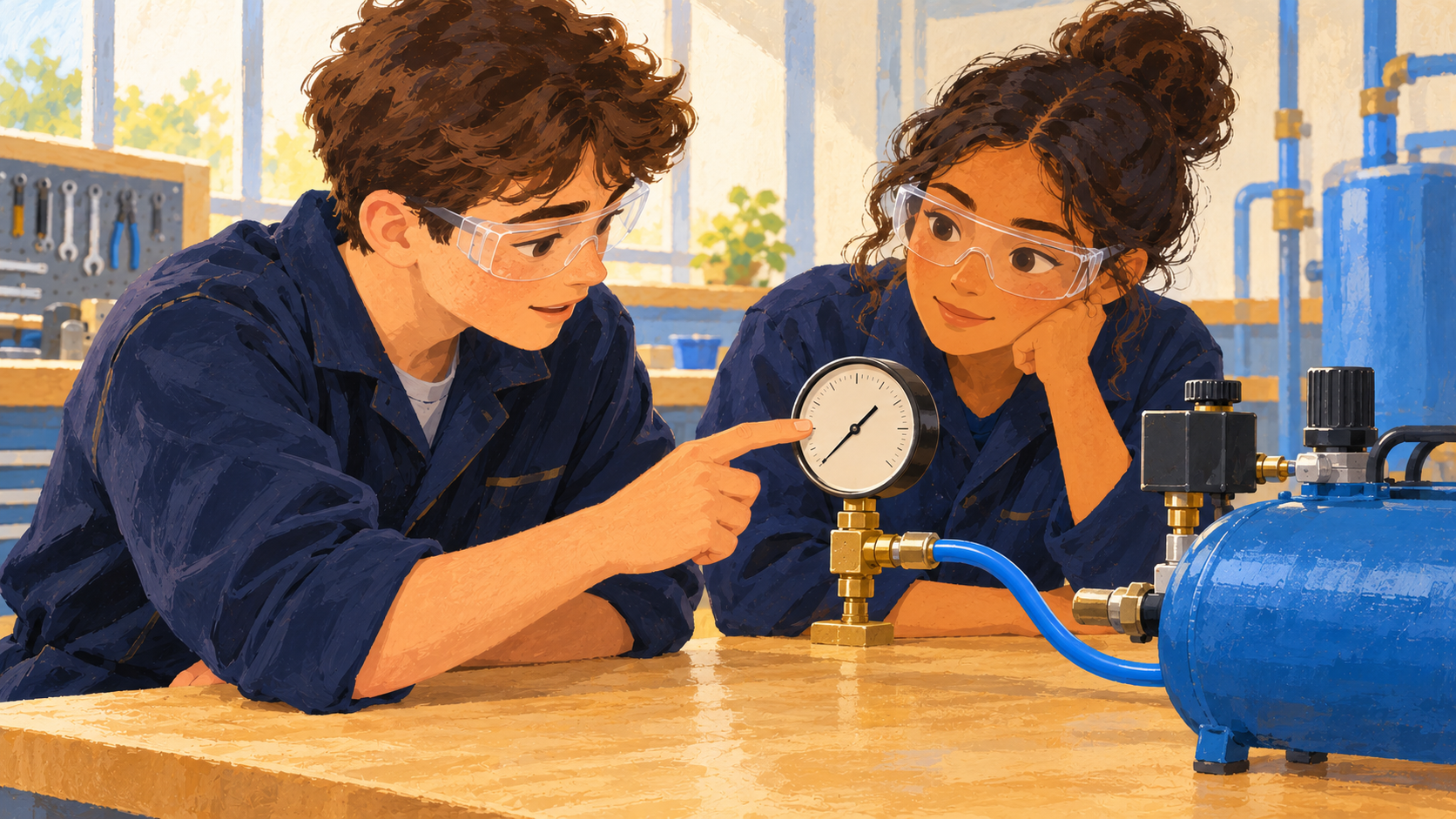 Illustration : Un élève technicien lit un manomètre analogique fixé à un réservoir d’air comprimé.