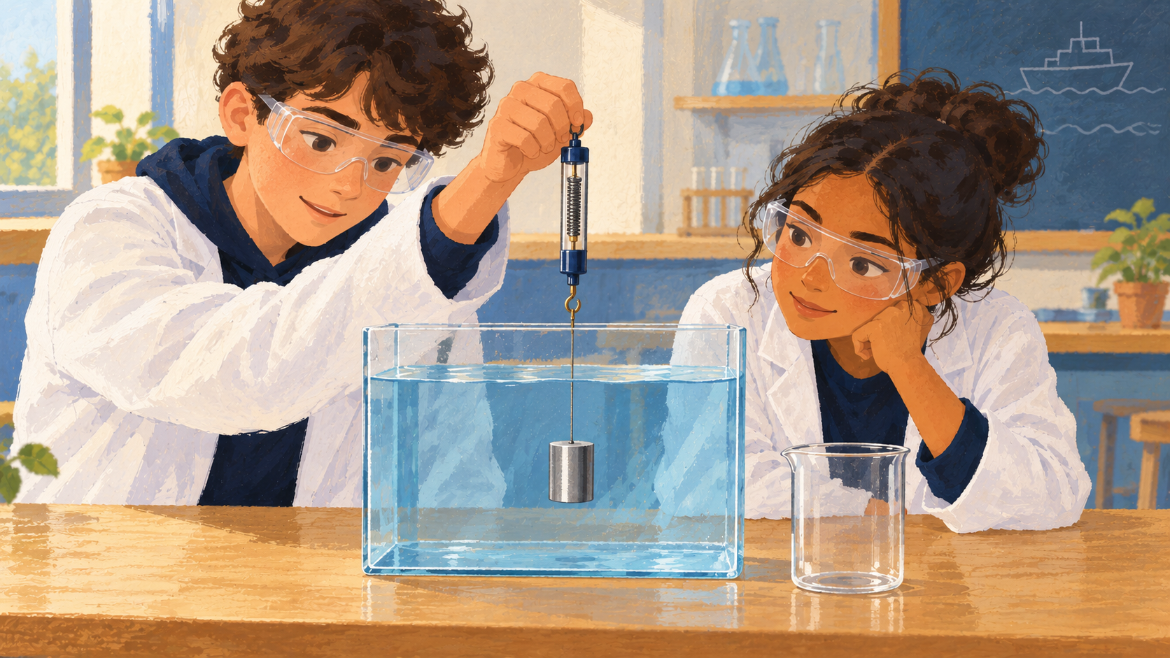 Illustration : Un élève suspend un cylindre métallique à un dynamomètre et l’immerge sans toucher le fond d’un bac d’eau.