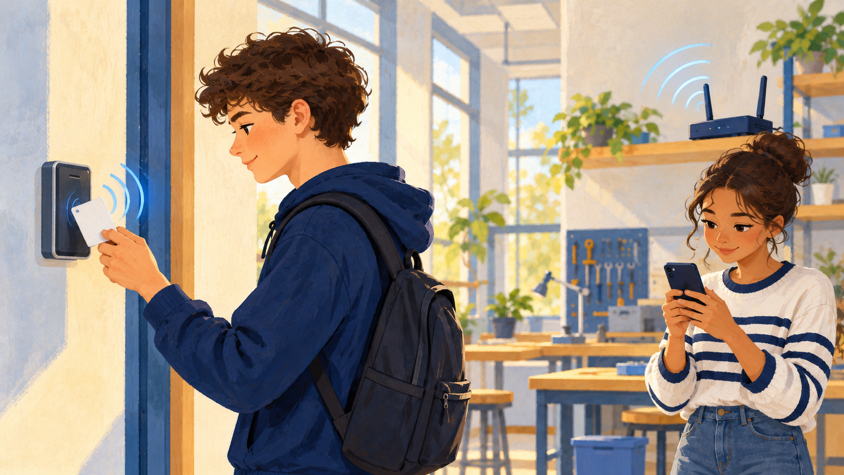 Illustration : Une carte sans contact devant son lecteur, un routeur Wi-Fi et un téléphone dans un atelier.