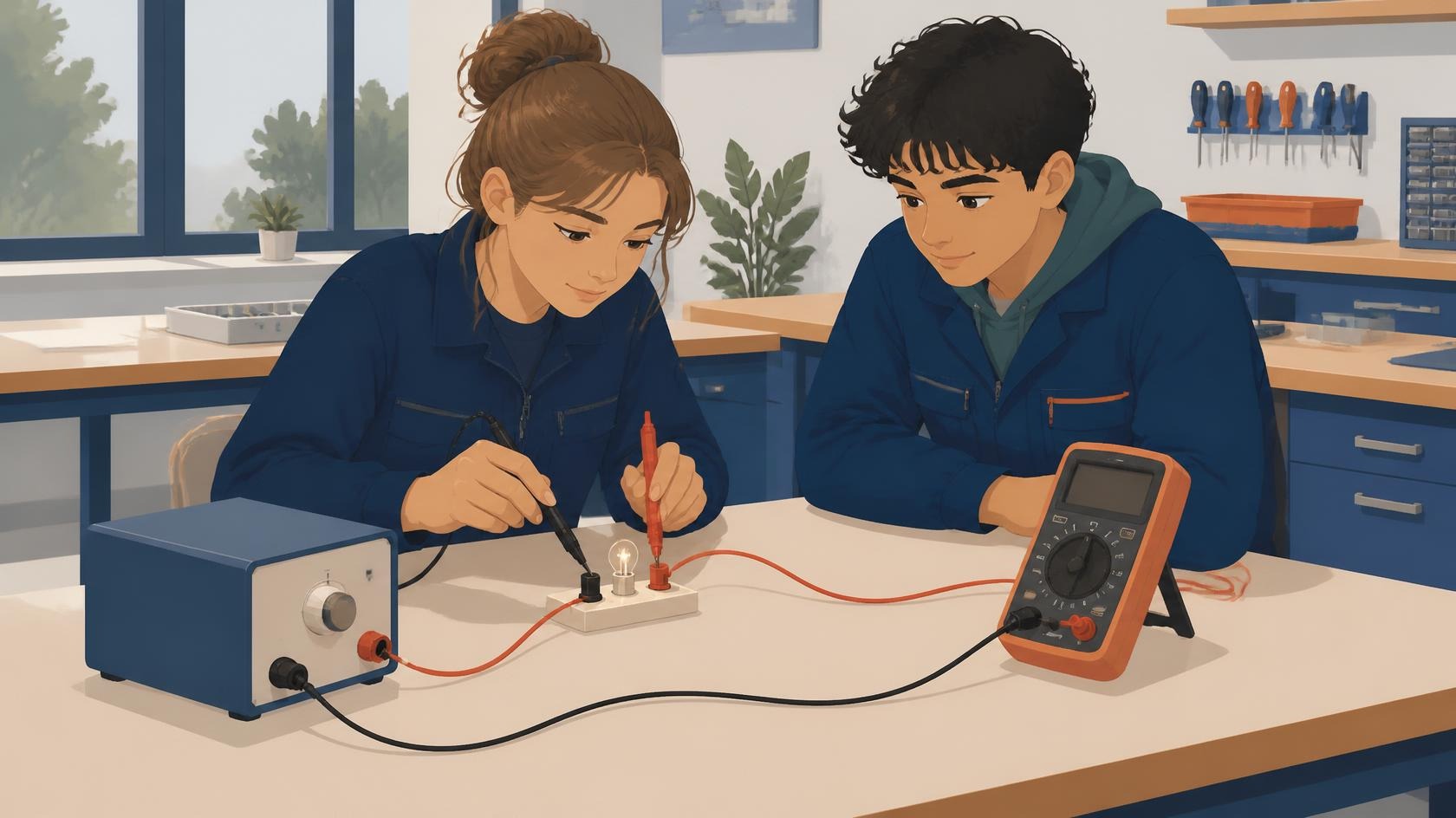 Deux élèves observent une lampe, une alimentation basse tension et un multimètre sur une paillasse.