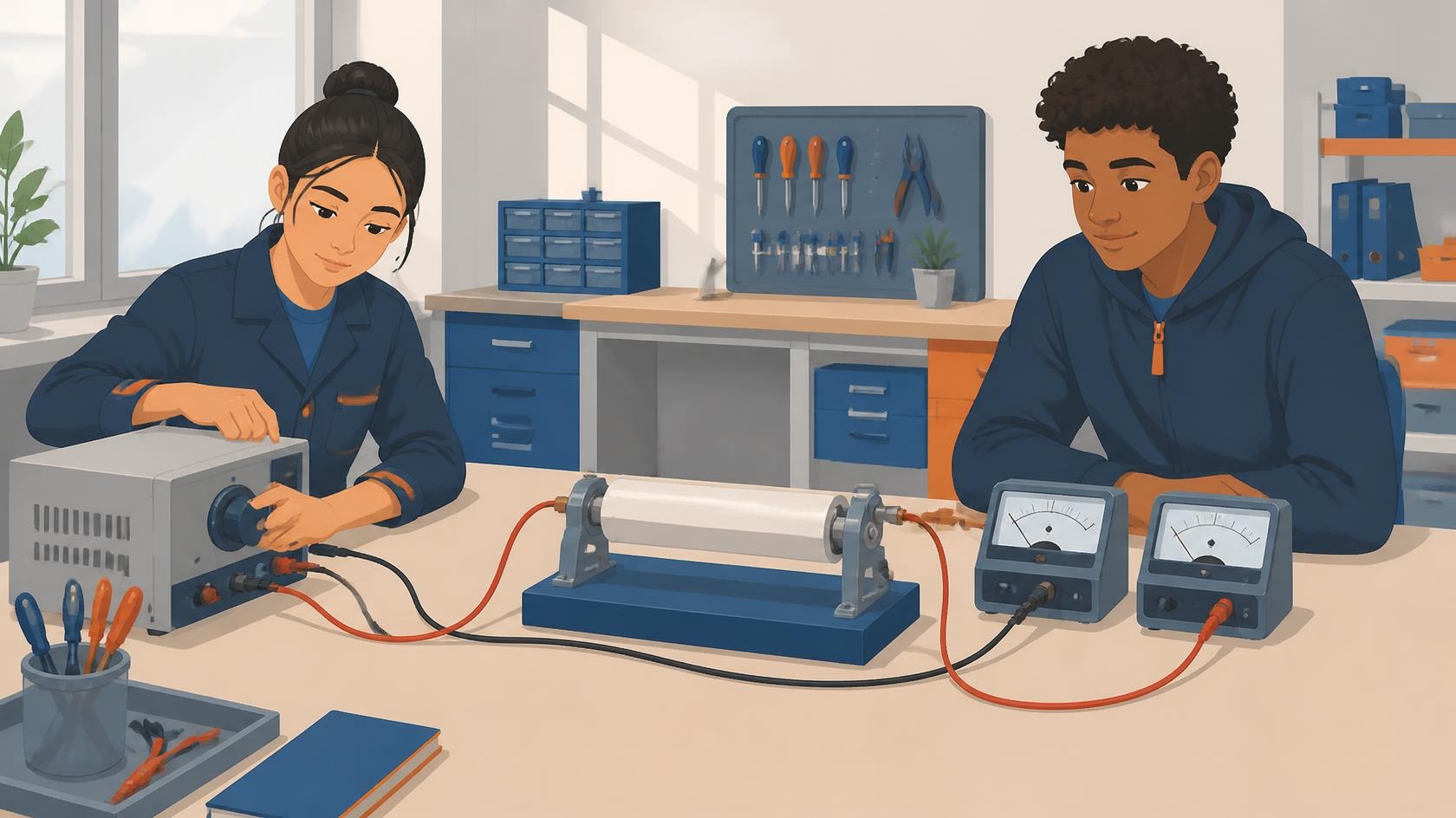 Deux élèves étudient une résistance sur un banc de mesure électrique basse tension.