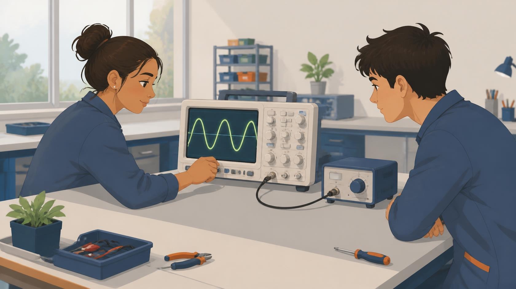 Deux élèves observent une sinusoïde sur l’écran d’un oscilloscope de laboratoire.