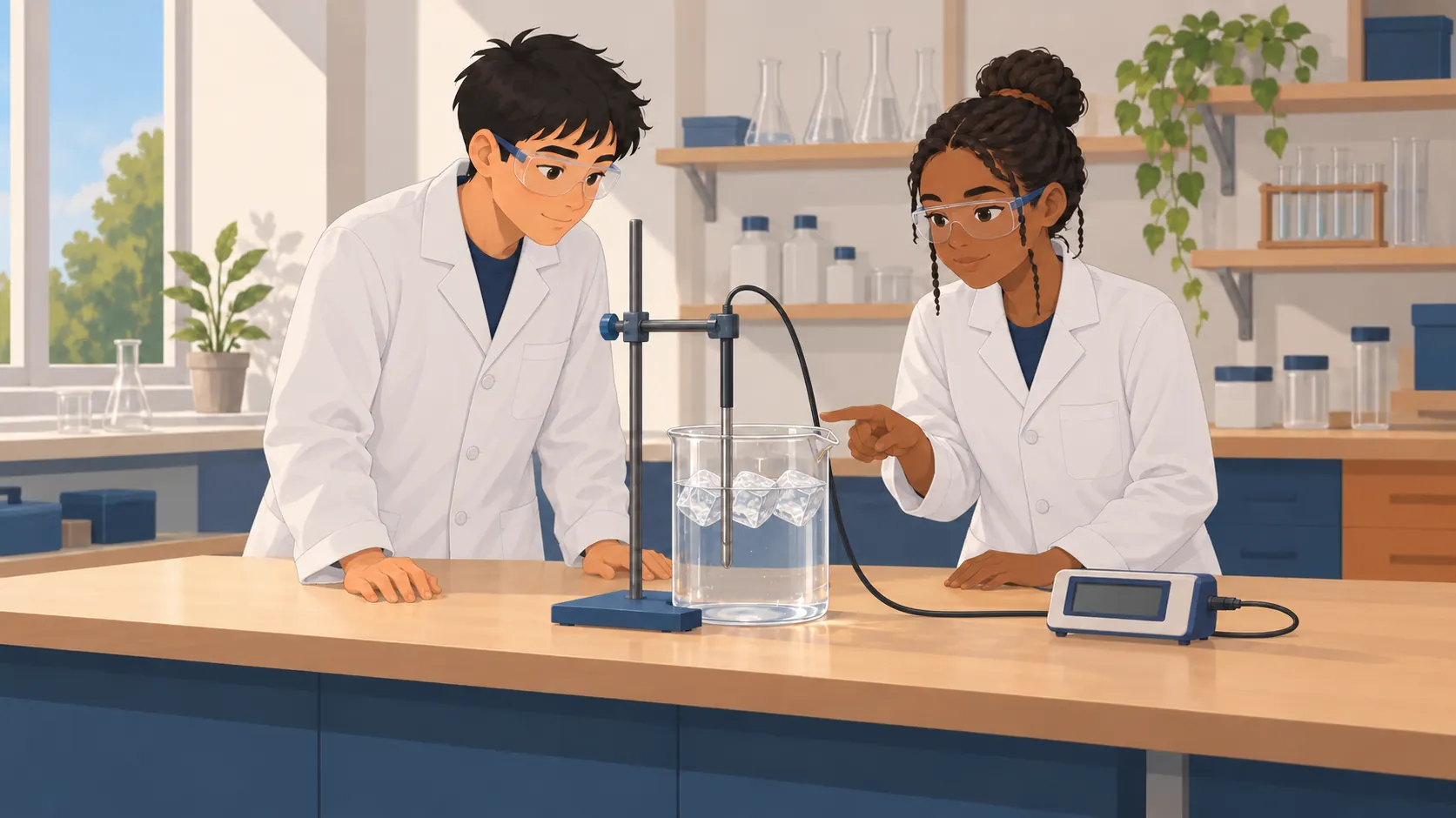 Illustration : Deux élèves en blouse et lunettes observent des glaçons flottant dans un bécher d’eau ; une sonde immergée est reliée à un thermomètre.