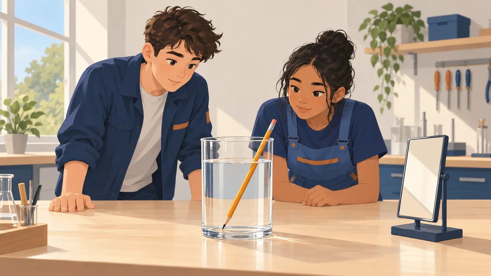 Illustration : Deux élèves observent le décalage apparent d’un crayon plongé de biais dans l’eau ; un miroir sur support se trouve à côté.