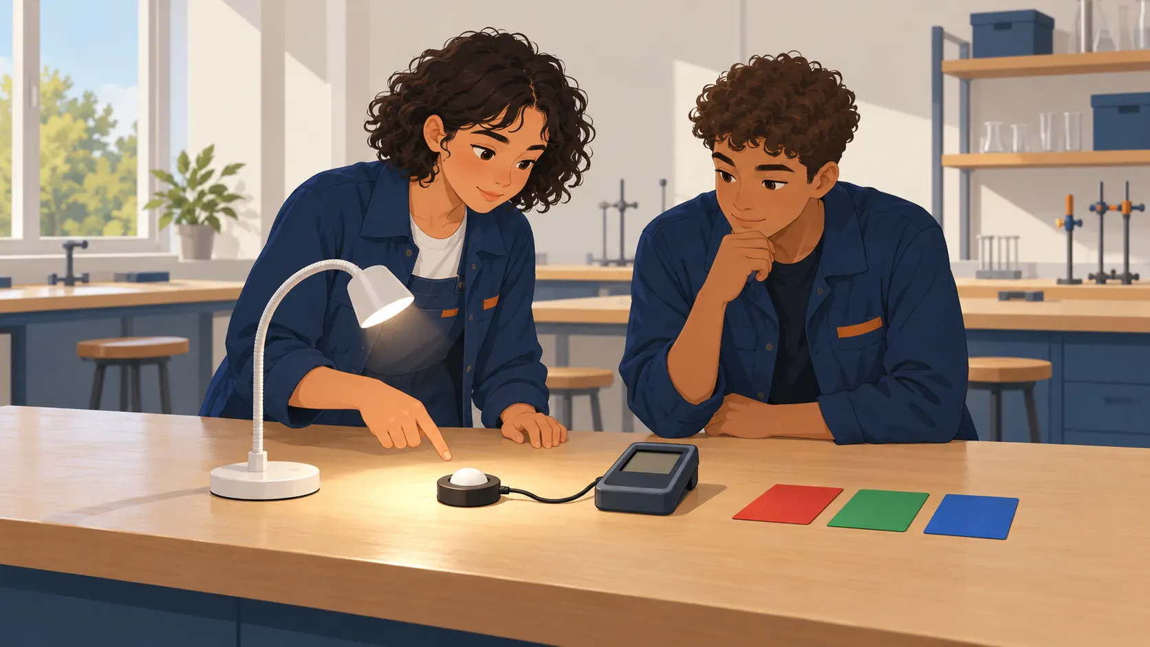 Illustration : Deux élèves mesurent l’éclairement d’une lampe avec le capteur d’un luxmètre ; trois cartes rouge, verte et bleue sont posées à côté.