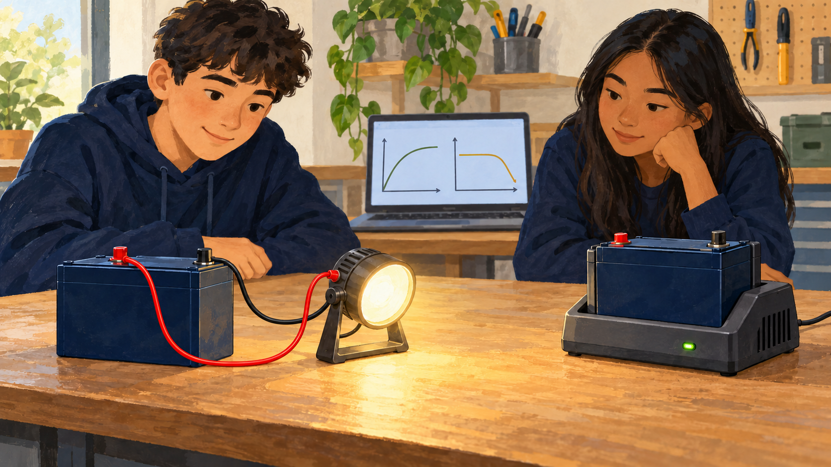 Illustration : Deux élèves comparent un accumulateur alimentant une lampe et un second accumulateur placé dans son chargeur.
