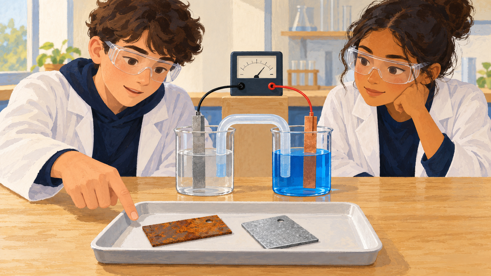 Illustration : Deux élèves comparent des plaques métalliques rouillée et protégée, près d’une pile zinc-cuivre à deux demi-cellules.