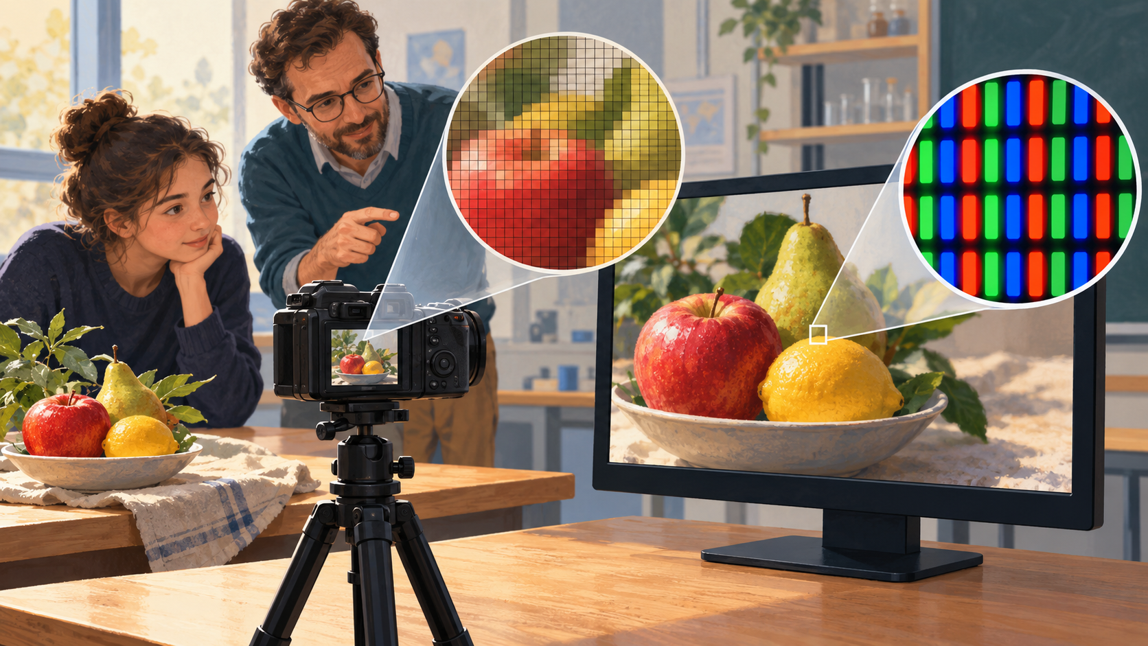 Illustration : Relier une prise de vue à la représentation d’une image en pixels colorés