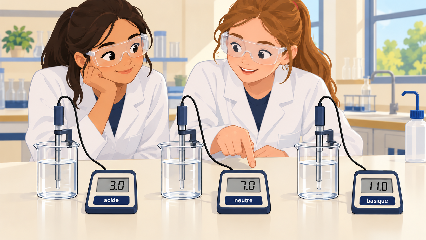 Illustration : Trois solutions incolores sont mesurées séparément : pH 3,0 acide, pH 7,0 neutre et pH 11,0 basique ; chaque électrode est tenue par un support.
