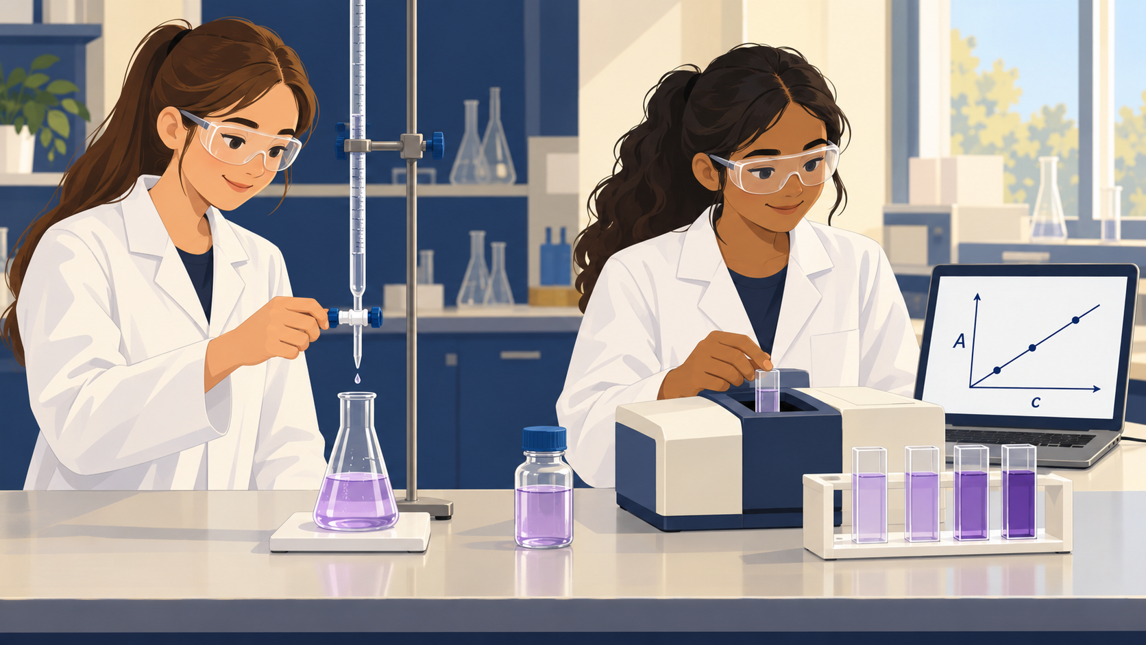 Illustration : Deux élèves comparent un titrage à la burette et une analyse colorimétrique avec une gamme étalon et une droite d’étalonnage.