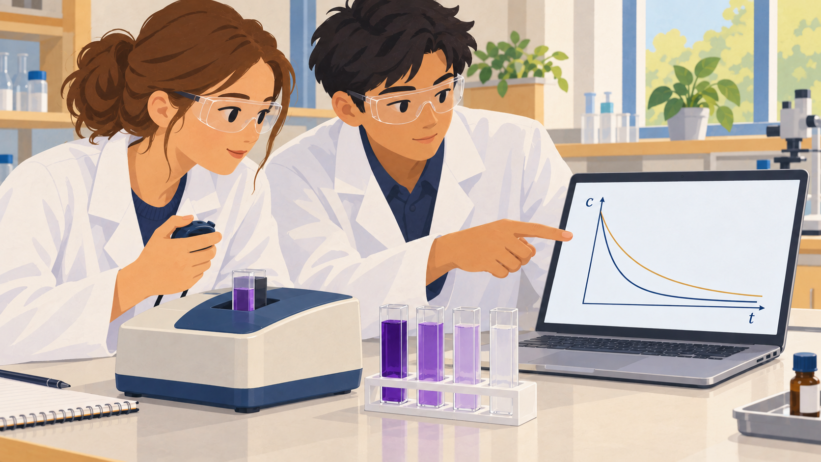 Illustration : Deux élèves suivent une transformation chimique par colorimétrie ; des cuves de moins en moins violettes accompagnent deux courbes décroissantes de concentration en fonction du temps.