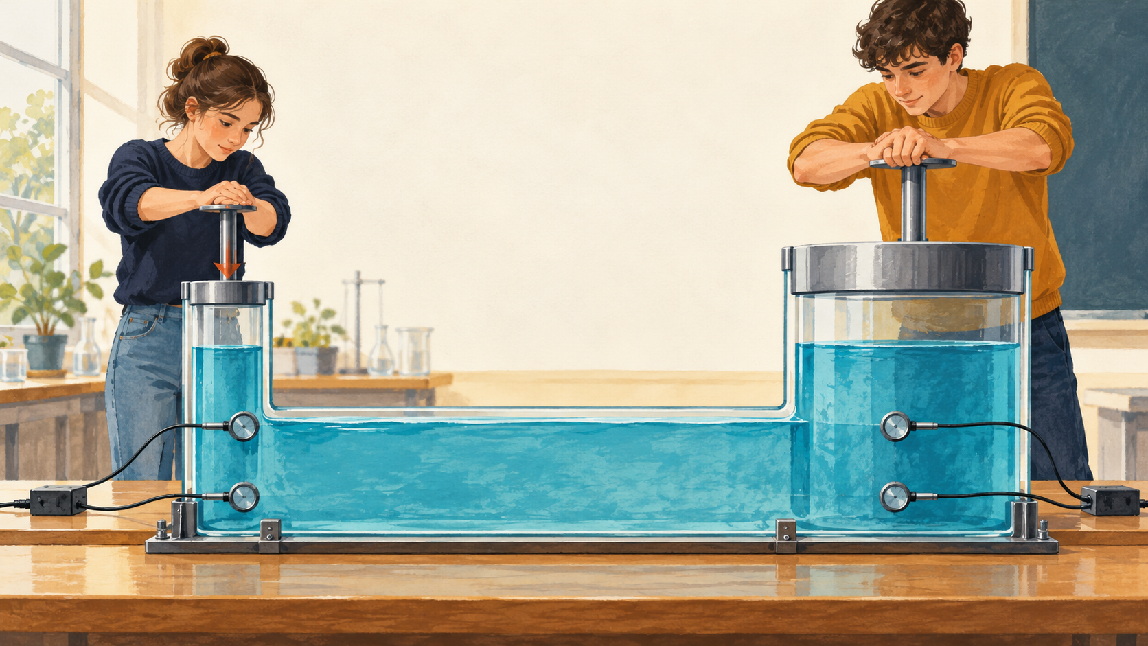 Illustration : Observer un dispositif hydraulique à deux pistons